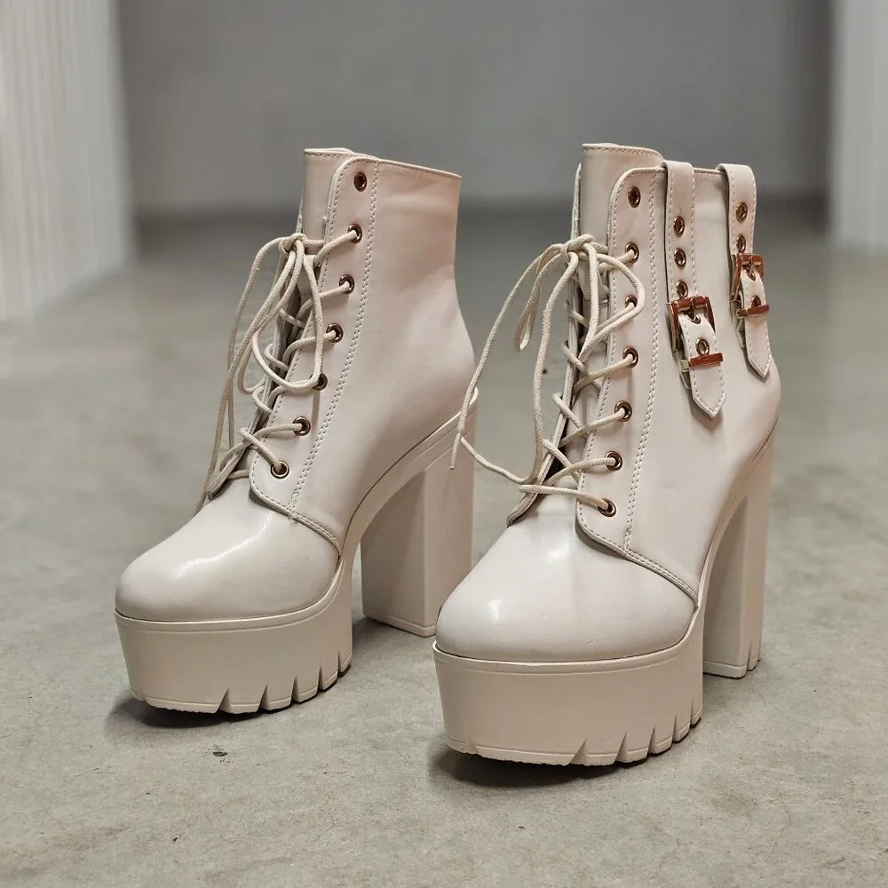 Lace-Up Platform Chunky Heel Ankle Boots With Dual Buckle Detail In Off White - Picture 4 of 7